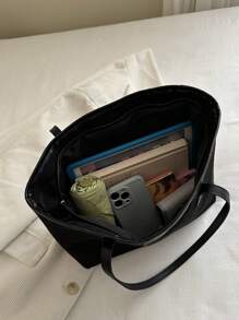 2025 New Casual Large Capacity Rhombus Pattern Solid Color Bow Handbag, Minimalist Fashion Tote Bag - Black - View 7