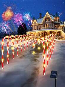 10-In-1 Solar Powered Christmas Candy Cane Lights - 5/8/10 Pcs Set, 8 Flashing Modes, Holiday Red & White Striped Design, Auto Charging Under Sunlight, Auto Lighting At Night, Warm White LED Outdoor Decor, Outdoor Holiday Decoration, Christmas Ground Stake Lights, Star-Shaped Design, Ideal For Holiday Gifts, Holiday Decor, Outdoor Lighting