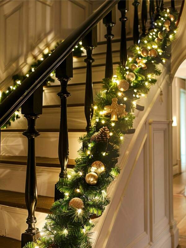 1 set Corona de Navidad simulada, corona de vid de aguja de pino artificial, adecuada para chimeneas, escaleras, mesas, decoración central de mesa de comedor del hogar, decoraciones para fiestas navideñas