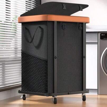 150L 40 Galones Cesta de lavandería grande y con ruedas de estilo de moda, con parches, carrito rodante resistente con marco de metal, bolsa extraíble y lavable, clasificador de ropa alto para dormitorio, lavandería o dormitorio, color negro