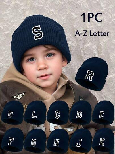1 pieza Gorro de punto con letra A-Z para niños, gorro de punto de unicolor y cálido para niños y niñas, adecuado para uso al aire libre y diario