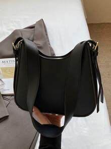 Fashionable Underarm Bag For Women, Minimalist Solid Color, Wide Strap, Bucket Bag, Versatile Zipper Shoulder Crossbody Bag - Black - View 6