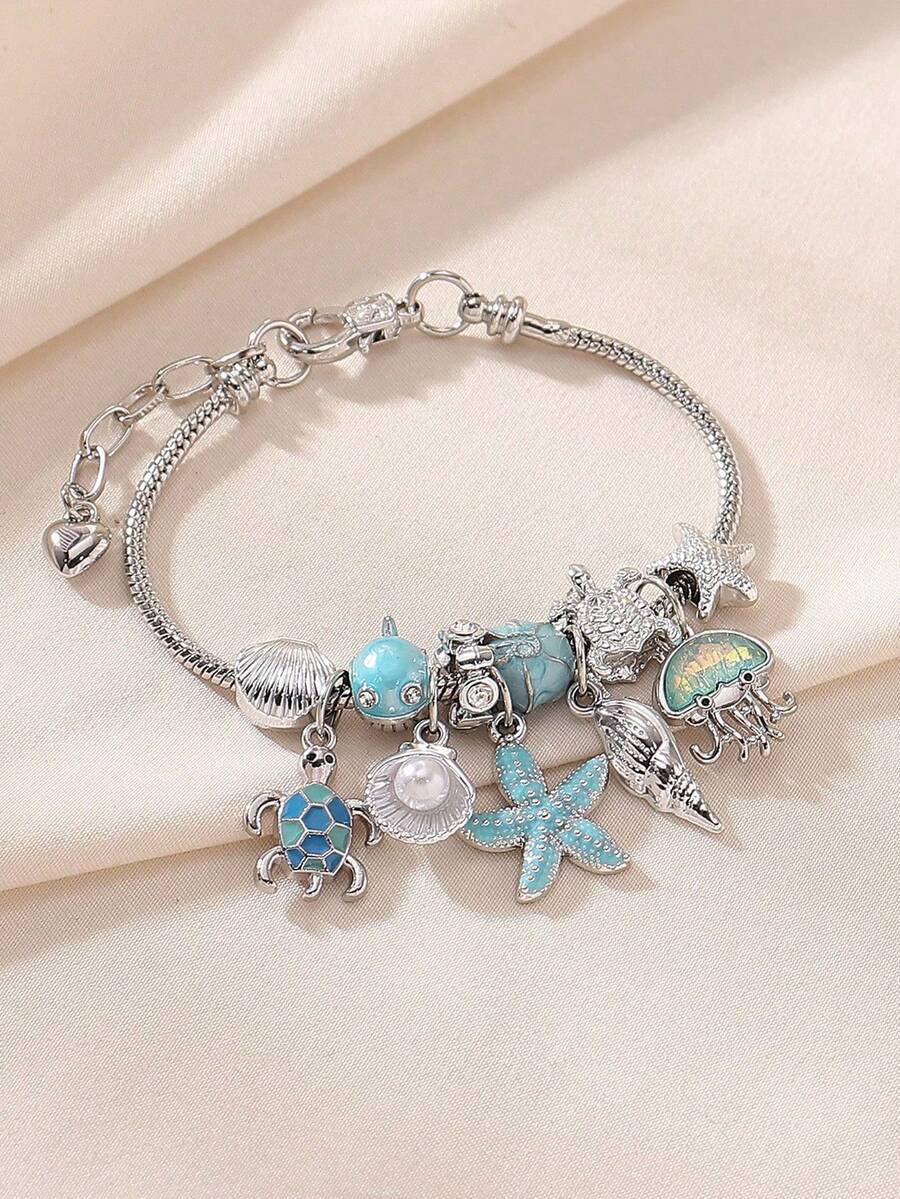 1件陶瓷海星、珍珠、扇贝、海豚、海龟串珠手链，海洋主题饰品，适合女性，夏季海滩度假，DIY佩戴 - 彩色 - 查看 1