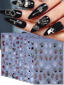 Set de 10 autocolante pentru unghii de Halloween, include modele de craniu, mână, păianjen, liliac, dovleac, șarpe în stil gotic argintiu cu laser, glisant autoadeziv, decorare unghii DIY - Multicolor - Vizualizare 2