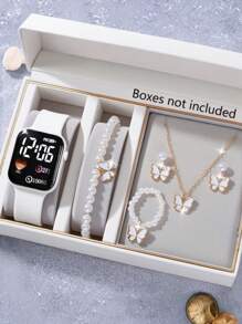 6件套优雅时尚方形和心形LED数字手表，搭配珍珠蝴蝶项链、手链、戒指和耳环首饰套装，是送给女孩参加派对、庆祝活动、旅行、返校、圣诞节、万圣节以及送给朋友和家人的完美礼物。 - 彩色 - 查看 4
