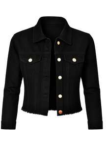 Women's Denim Jacket, Long Sleeve, Beige, Frayed, Premium Line - Đen xé nhỏ - Xem 1