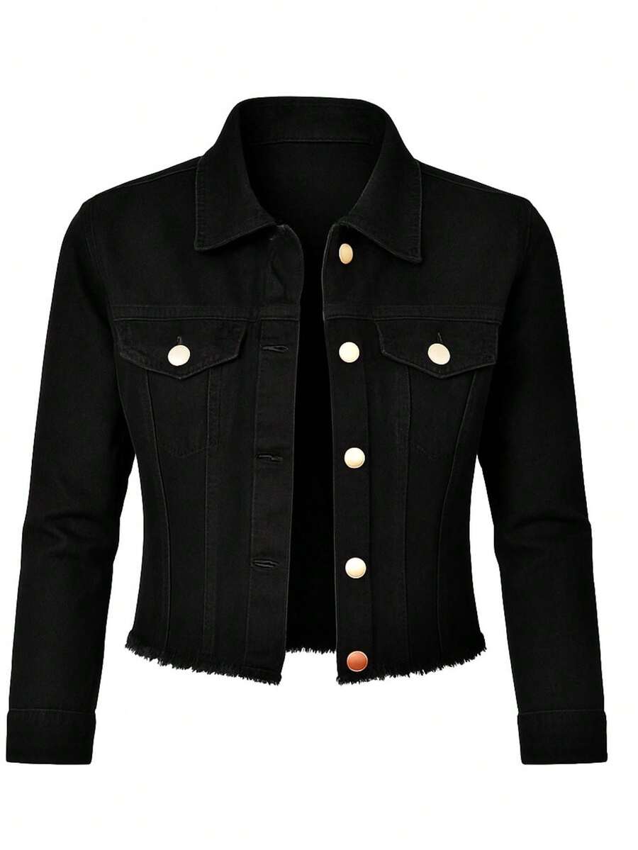 Women's Denim Jacket, Long Sleeve, Beige, Frayed, Premium Line - Đen xé nhỏ - Xem 1