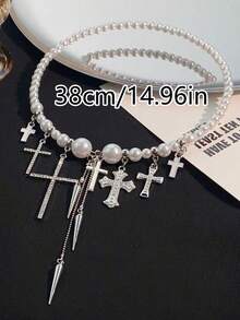 1件时尚精致星形十字吊坠，朋克风合金仿珍珠水钻银项链吊坠，适合女性日常、派对、音乐会佩戴，可作为圣诞节或新年礼物 - 銀色 - 查看 11