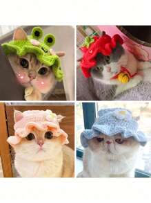 1 pieza Gorro hecho a mano tejido para mascotas con patrón de flores, gorro de crochet lindo para gatos y perros pequeños/medianos - Celeste - Ver 3