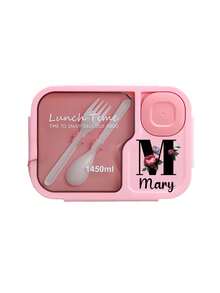 1 pieza Caja de almuerzo de gran capacidad con nombre personalizado, Caja de almuerzo para adultos de 1450ml, de tres compartimentos, a prueba de fugas, impresa con flores rojas e iniciales negras de la A a la Z, Caja de almuerzo personalizada, con cubiertos incorporados y compartimento separado para salsa