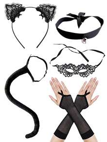 D EXCEED 2/3/4/5 pièces Ensemble de serre-tête à oreilles de chat en dentelle, masque pour les yeux et collier à clochette pour femmes - pour le cosplay d'anime, les fêtes d'Halloween - Multicolore - Voir 21