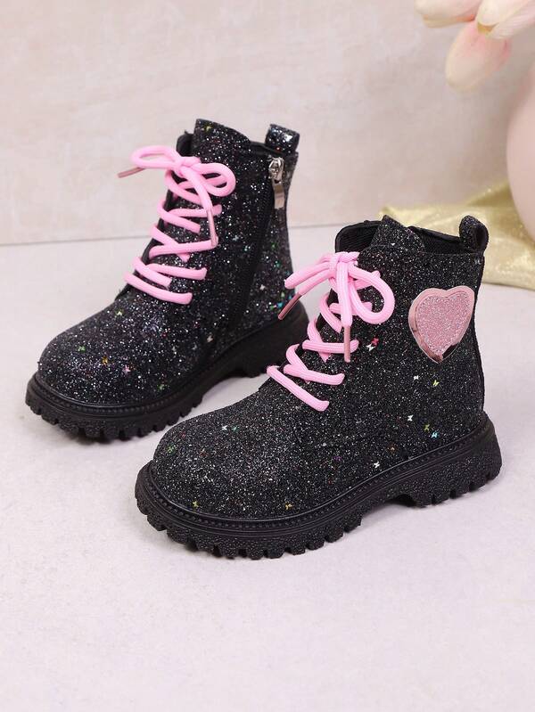 1 Pair Black Glitter Sequin Toddler Girls' Mid-Calf Boots, Soft PU Material, Pink Heart Decor, Front Lace-Up, Side Zipper, Round Toe, Soft Sole, Cute Princess Leather Boots, Suitable For Casual, School, Holiday Wear, Autumn/Winter New