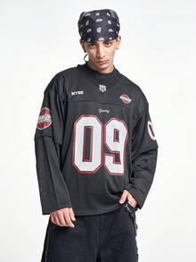 MT99 Estilo americano Manga de globo con estampado de letra 09 de cuello en V hueco de malla, de secado rápido y transpirable, manga larga en color negro oliva - Negro - Ver 1