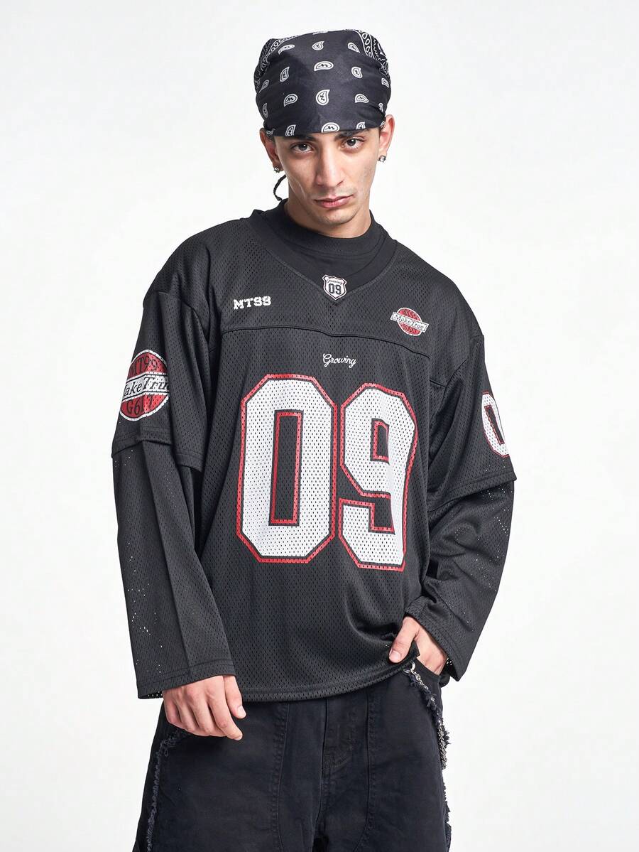 MT99 Estilo americano Manga de globo con estampado de letra 09 de cuello en V hueco de malla, de secado rápido y transpirable, manga larga en color negro oliva - Negro - Ver 1