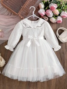 coviviky Vestido de princesa de otoño/invierno para niña pequeña con cuello Peter Pan bordado, mangas de encaje y falda de tul, decoración de lazo de satén en la cintura, vestido casual y lindo para fiestas