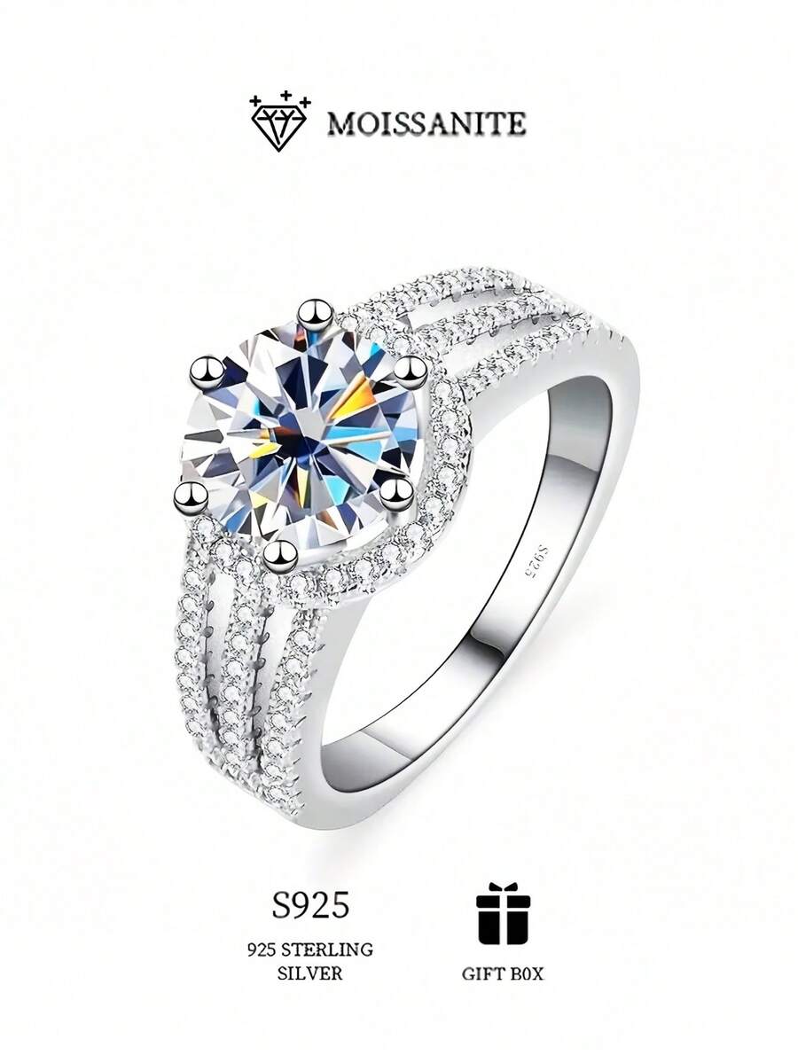 خاتم خطوبة فضة إسترليني عيار 925 بحجر موسانيت بجودة VVS بوزن 2/3 قيراط، مجوهرات نسائية فاخرة لحفلات الزفاف والمناسبات والاستخدام اليومي، مع علبة هدية