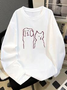 Women's Loose Fit Cartoon Print Long Sleeve Cotton T-Shirt, Versatile For Spring And Autumn