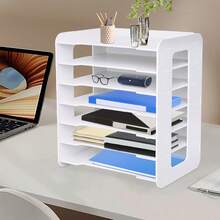 Organiseur de bureau à 7 niveaux, organiseur de bureau blanc, bac à courrier et trieur de papier, support de rangement pour documents, cahiers, maison, bureau, école, salle de classe - Blanc - Voir 3