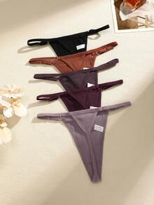 5 Pack Women Solid Color & Striped Elastic Waistband Letter Logo Low Rise G-Strings, Comfortable & Sexy - Multicolor - View 2