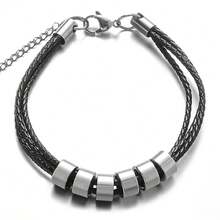 Personalized Men's Leather Bracelet, Black Leather Strap, Stainless Steel Beads, Laser Engraved Family Name, Date, Symbol, Letter, Number, Holiday, Birthday Gift - Black - View 9