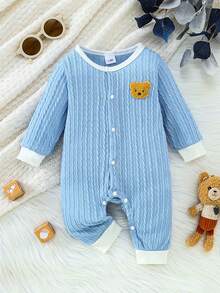 Noworodkowy chłopięcy słodki miś z grafiką żakardową z długim rękawem, odpowiedni do noszenia na co dzień i na zewnątrz