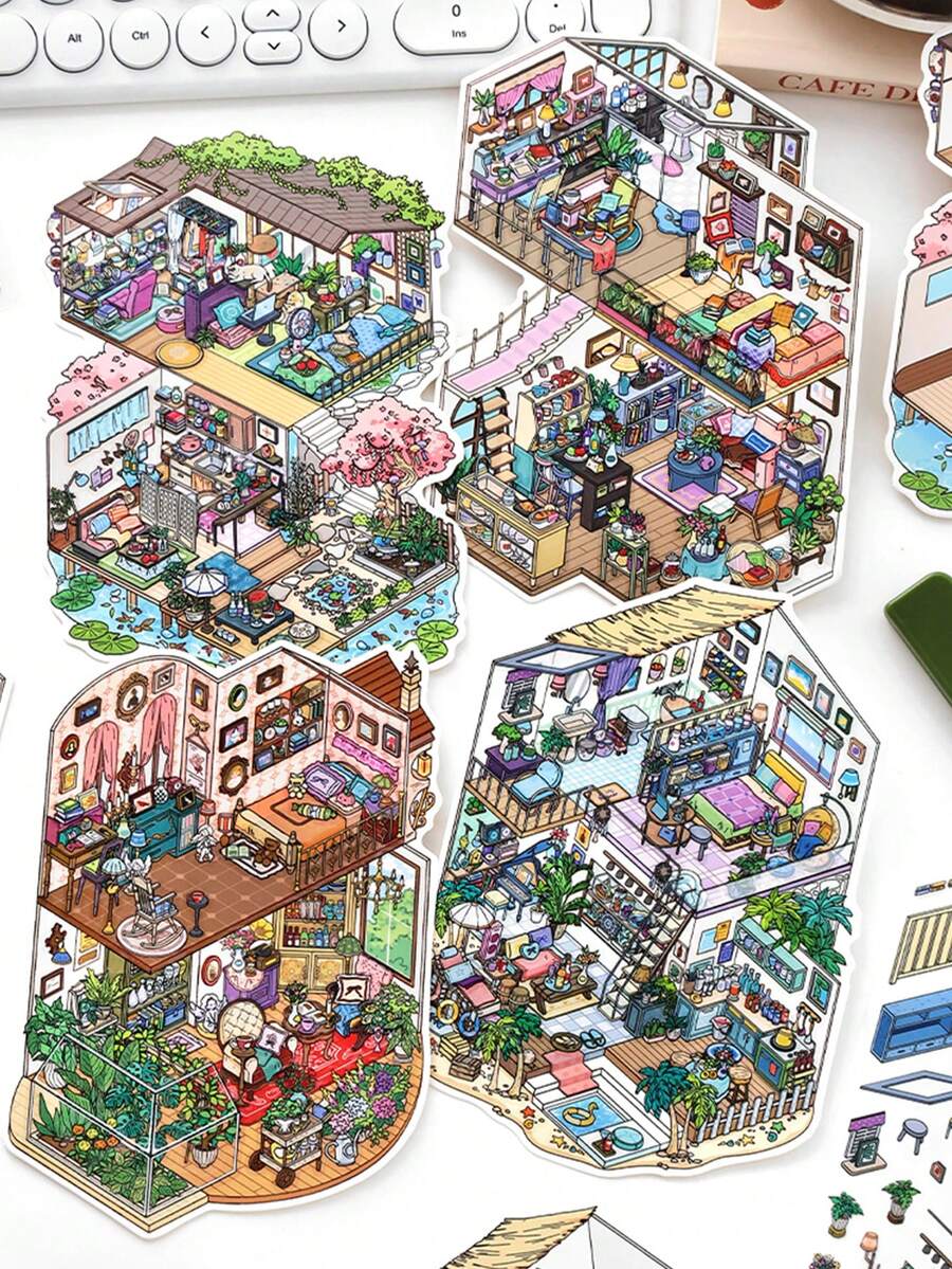 3 件装饰贴纸，我的小房子系列 11，休闲风格创意 DIY 风景材料 - 彩色 - 查看 1