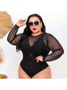 Conjunto Body Tule Manga Longa Transparente Preto + Top Renda Plus Size - Preto - Visão 2