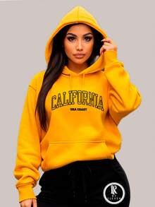Women's Cold Weather Sweatshirt In Various Colors With California USA Print Fast Shipping Blouse With Pocket And Hood - 黃色 - 查看 2