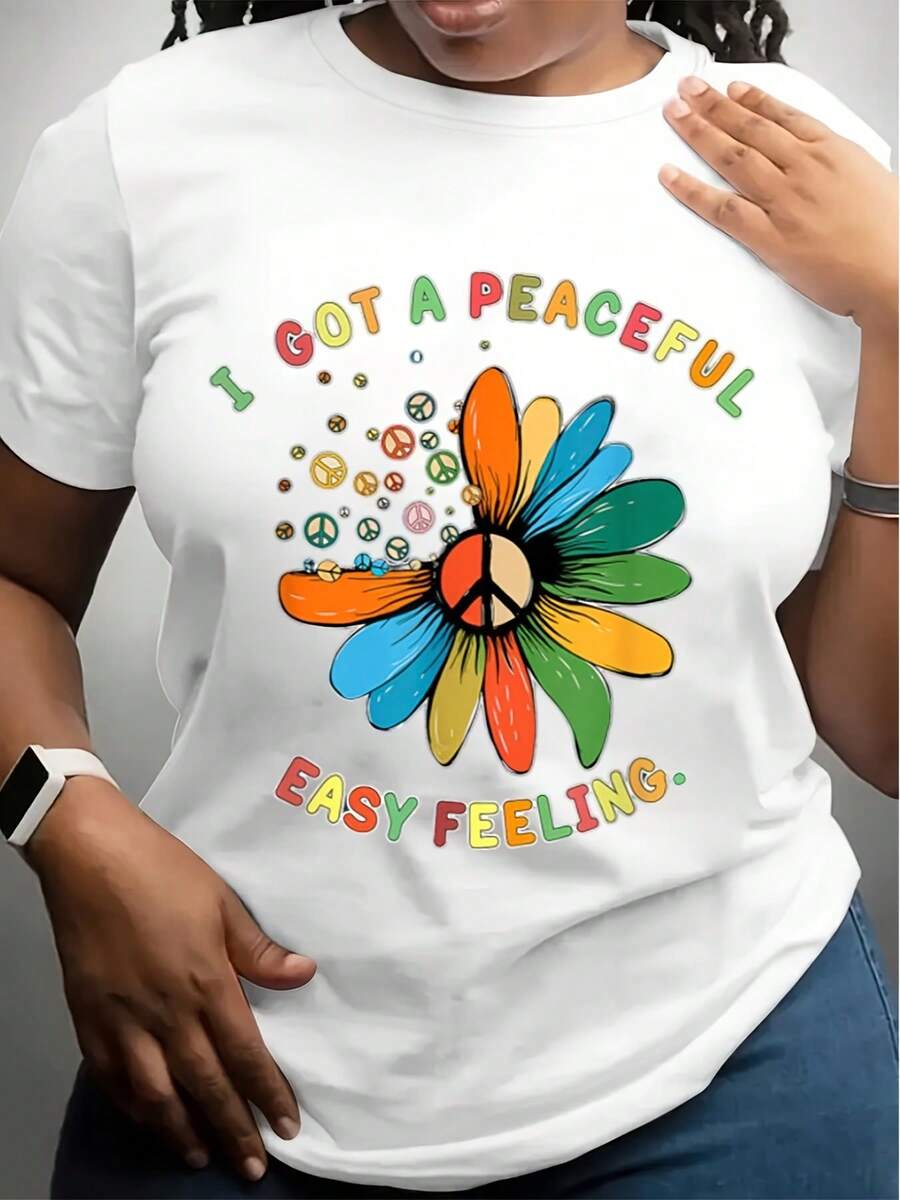 I Got An Easy Peaceful Feeling Hippie Sunflower Peace Sign T-Shirt Casual Short Sleeve Top For Spring & Summer, Women'S Clothing - trắng - Xem 1