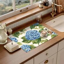 1 Stück Blau Hortensie & Grün Blatt Muster Saugfähige Matte, Küchen Arbeitsplatten Geschirr Abtropfmatte mit Gummiboden, Party Dekoration, Super Saugfähig Flecken verbergend Teller Abtropfmatte, Saugfähig Weich Diatomeenerde mit Gummi Rückseite Multifunktions Küchen & Heim Matte, Geeignet für Kaffeemaschine Geschirrständer Schnell Trocknende Matte, Küchen Arbeitsplatte Kaffeetasse Geschirr Abtropfmatte