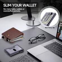 Cartera delgada minimalista para tarjetas de crédito, cartera de aluminio con bloqueo RFID para hombres, cartera de metal con ventana transparente para identificación, clip para billetes, clips para dinero para mujeres, billetera pequeña, cartera de viaje, accesorio de verano - Negro - Ver 5