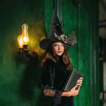 Hatisan 1Pcs Witch Hat, Halloween Decorative Hat With Spider & LED Lights, Gothic Style Party Headwear, Witch Cosplay Accessories For Halloween Costume Party - 黑色蜘蛛 - 查看 5