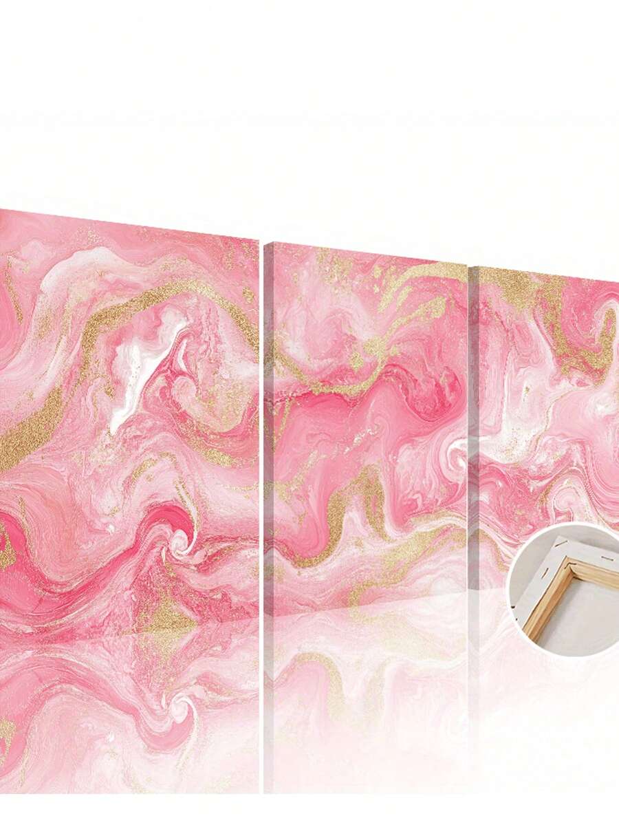 2D Flat, 2D Wrapped Canvas Frame2D Wrapped Canvas Frame3pcs Framed Canvas Poster, Gold-Plated Pink Tone Decorative Painting-Abstract Texture Home Wall Art, Canvas Wall Art, Bedroom, Dining Room, Bathroom And Office Wall Decoration, Can Be Hun - Multicolor - View 1