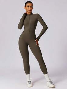 MASKERT 女士长袖紧身连体裤高弹力运动瑜伽裤修身舒适亲肤 - 橄欖綠 - 查看 7