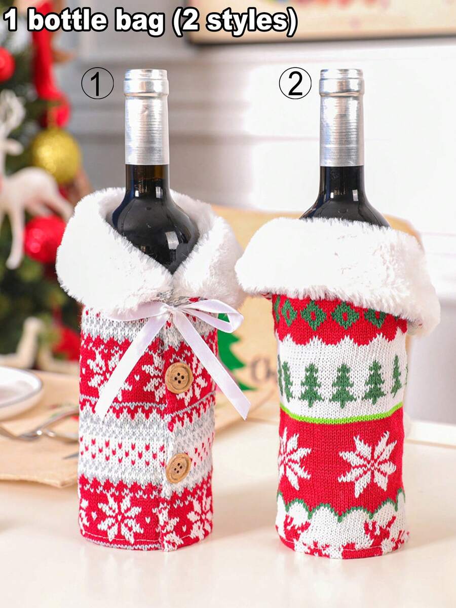 Gestrickte Weinflaschen-Abdeckung als Weihnachtsdekoration, Wollkugel Weihnachtsren Schneeflocke rote Weinflaschen-Abdeckung mit Knopf, rote Pullover Weinflasche Tasche, stimmungsvolle Bierflasche Tasche, Champagner Tasche, Haushaltsartikel, Weihnachts-rote Weinflasche Tasche - perfektes Weihnachtsgeschenk und Träger, wiederverwendbare Weihnachts-Weinflaschen Tasche, Weinflasche Geschenktasche, Spirituosen Flasche Tasche, Geschenkverpackung, Party, Gastgebergeschenk, Weihnachtsgeschenk, Feiertags-Präsent
