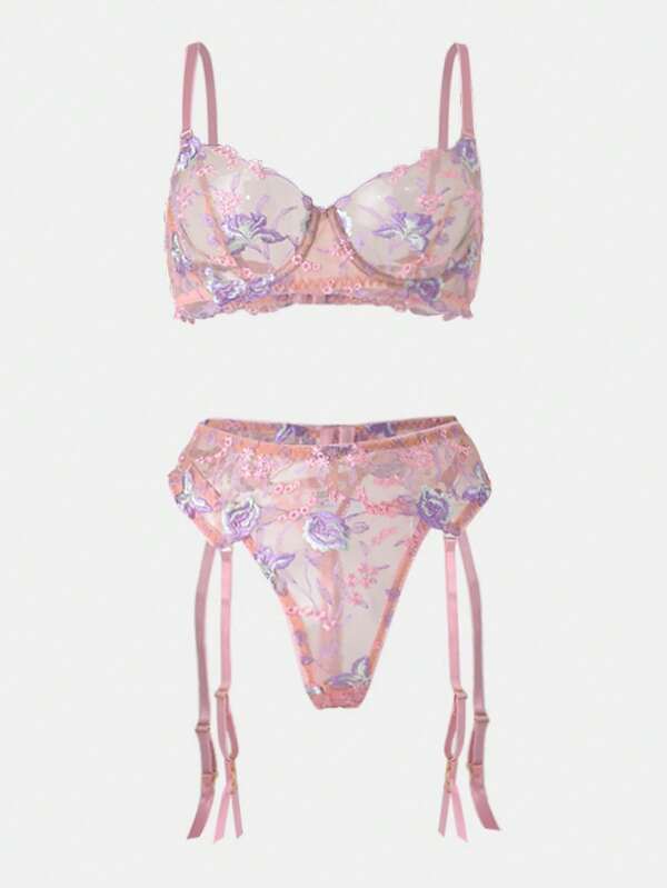 Conjunto de lencería sexy para mujer que incluye sostén con soporte de acero, faja portaligas y braga, con bordado de flores, 3 piezas