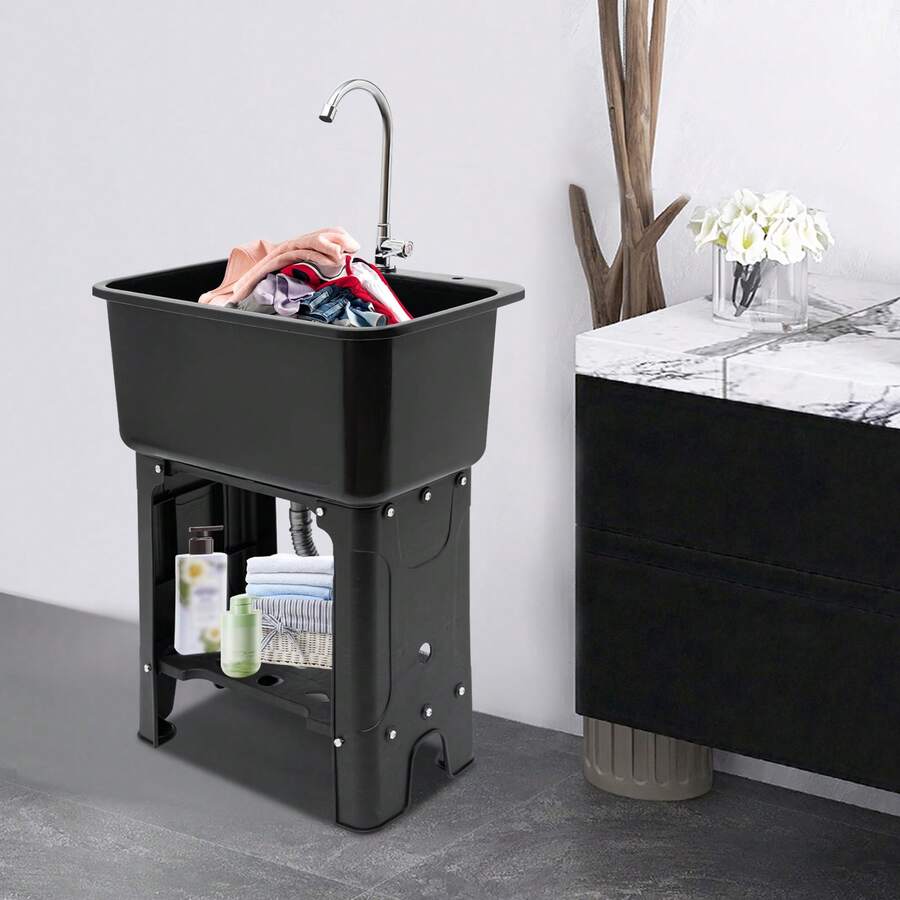 Home Utility Sink For Laundry Room And Garage, Freestanding Laundry Sink For Garage Or Kitchen, Indoor & Outdoor Utility Tub, Freestanding Utility Sink With Storage Shelf - 黑色 - 查看 1