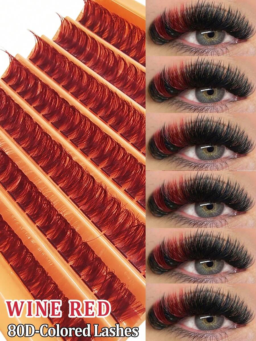 126 piezas/Paquete Pestañas individuales gruesas de 80D D Curl de color vino tinto, extensiones de pestañas naturales y esponjosas de 14 mm, adecuadas para principiantes, autoadhesivas, ligeras y cómodas, herramienta de maquillaje esencial para el hogar y los viajes