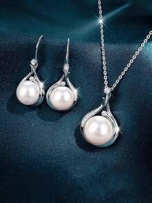 3 件 S925 纯银方晶锆石珍珠项链首饰套装，优雅珍珠和方晶锆石项链及耳环套装，复古性感风格，完美的情人节礼物 - 珍珠 - 查看 13