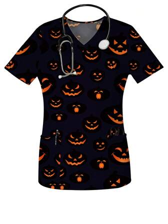 Blusa de enfermera con cuello en V, manga corta y estampado de calabaza divertido de Halloween, para primavera y verano, con bolsillos para mujeres