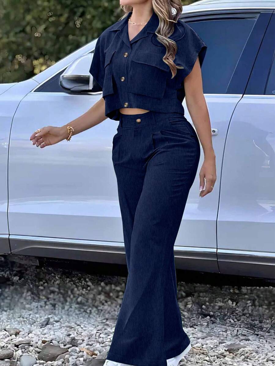 2 Peças Conjunto de Roupa Casual de Tecido Trançado - Camisa de Manga Curta e Calça, Versátil e Prático, Estilo Urbano Chique