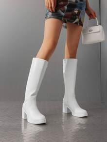 Women's Chunky Platform Heel Knee High Boots Round Toe Boots For Women Side Zipper Stylish Comfortable Tall Boots For Fall/Winter - trắng - Xem 1