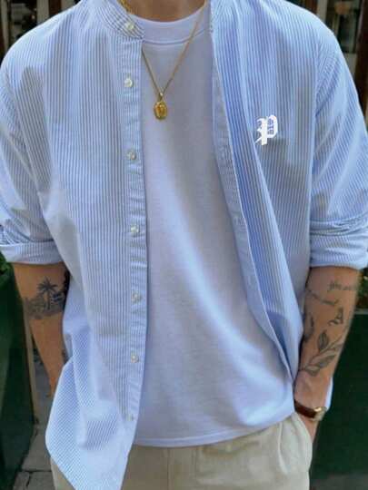 Men Casual Blue & White Striped Letter Print Long Sleeve Shirt, Fall