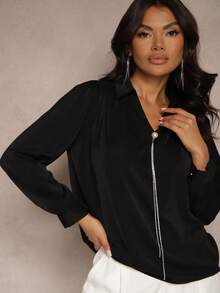 Collared Blouse With Detachable Chain And Rhinestones - Black - View 1