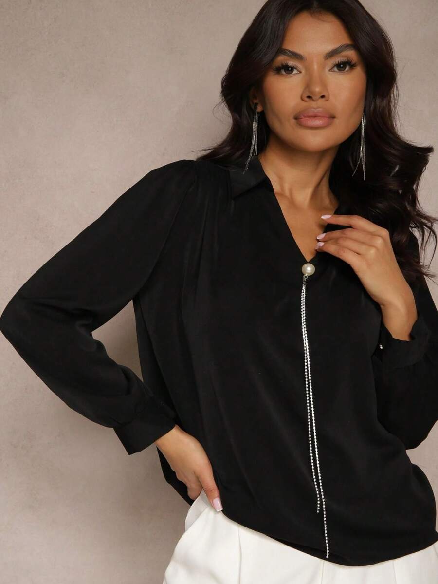 Collared Blouse With Detachable Chain And Rhinestones - Black - View 1