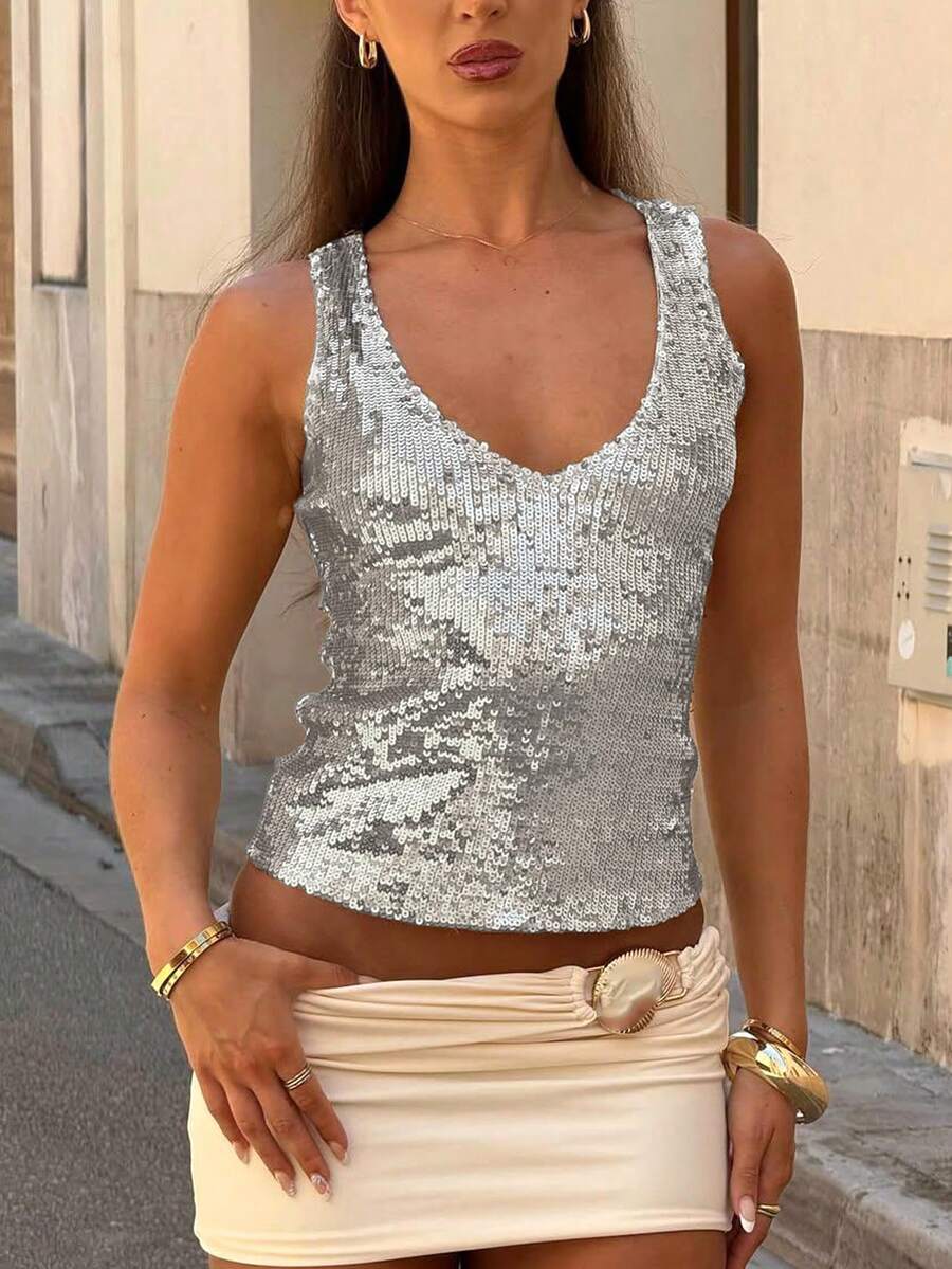 Women Summer Sleeveless V Neck Bling Sequins Vest Tank Tops Party Clubwear - Silver - View 1
