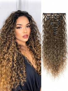 9pcs Clip-In Hair Extensions, 22 Inch Long Curly Thick Heat Resistant Synthetic Soft Deep Wave Hairpieces, For Women - Black, Halloween - Multicolor - View 14
