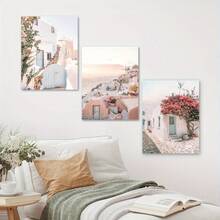 3pcs Wooden Framed Santorini Art, Greece Print, Mediterranean Art, Pink Flowers Painting, Creative Canvas Poster, Waterproof Canvas Wall Art, Artwork Wall Painting For Gift, Bedroom, Office, Living Room, Wall Decor, Home And Dormitory Decoration