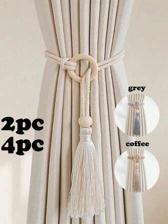 2 piezas/4 piezas Borlas con cuentas de madera y cuerda de algodón, estilo nórdico, disponibles en varios colores y tamaños, adecuadas para sujetar y decorar cortinas