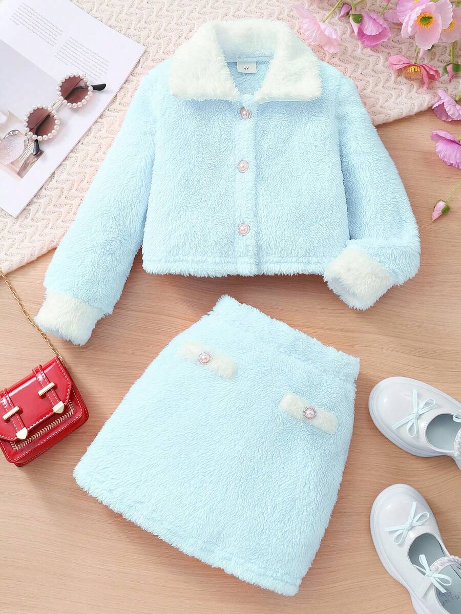Autumn/Winter Girls Casual Elegant Faux Fur Jacket & Skirt 2 Pieces Set - Blue - View 1